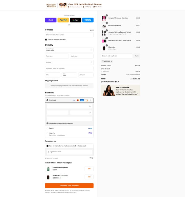 Black Girl Vitamins checkout page showing Black Girl Vitamins discount code box | Screenshot taken by SimplyCodes community member on Sep 4, 2025