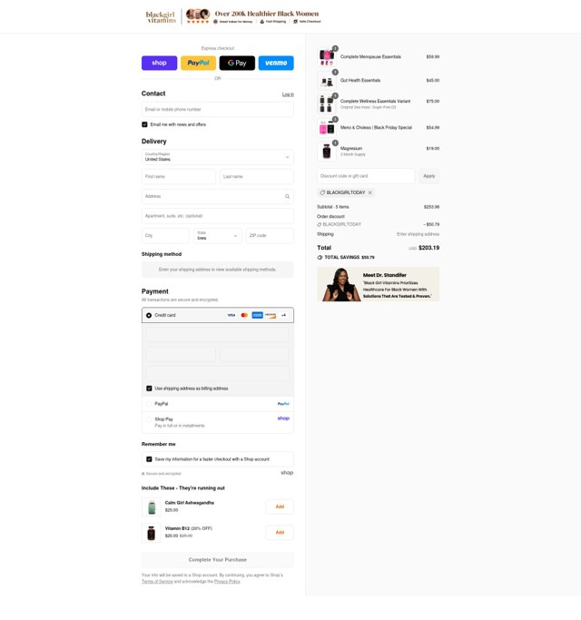 Black Girl Vitamins checkout page showing Black Girl Vitamins discount code box | Screenshot taken by SimplyCodes community member on Sep 4, 2025