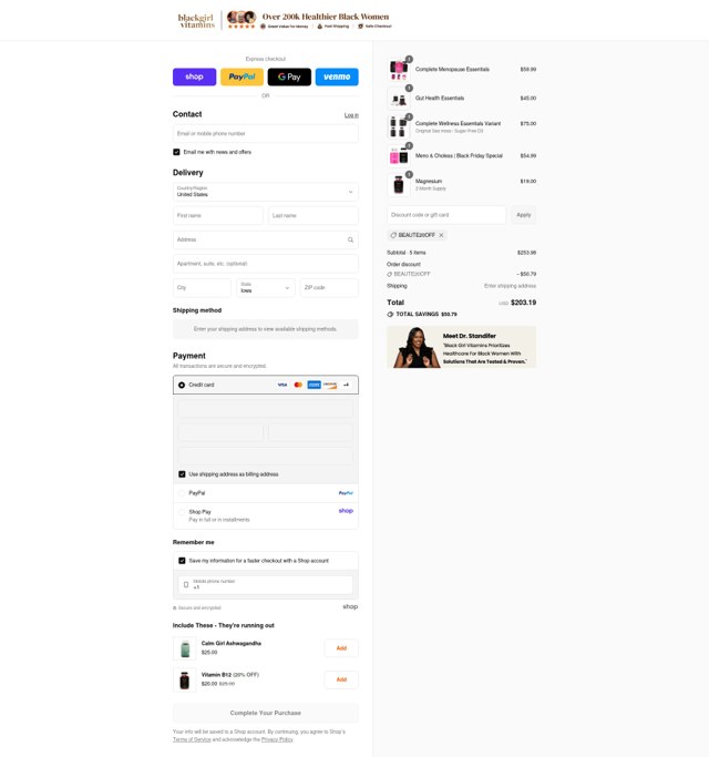 Black Girl Vitamins checkout page showing Black Girl Vitamins discount code box | Screenshot taken by SimplyCodes community member on Sep 4, 2025