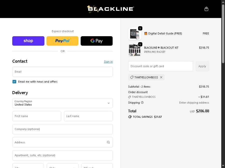 Blackline Car Care checkout page showing Blackline Car Care discount code box | Screenshot taken by SimplyCodes community member on Jan 29, 2026