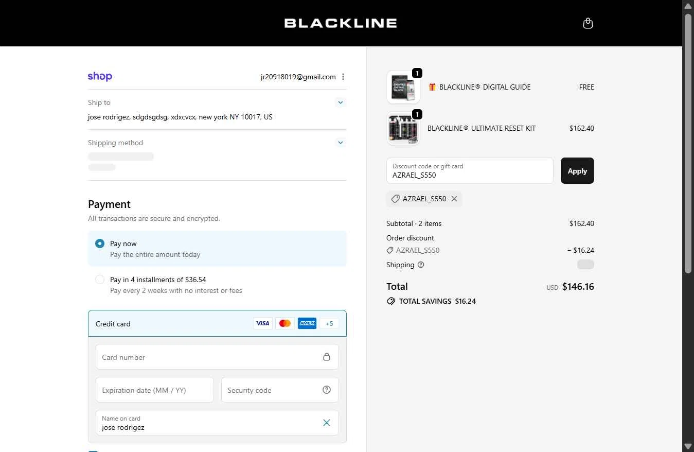 Blackline Car Care checkout page showing Blackline Car Care discount code box | Screenshot taken by SimplyCodes community member on Feb 18, 2026