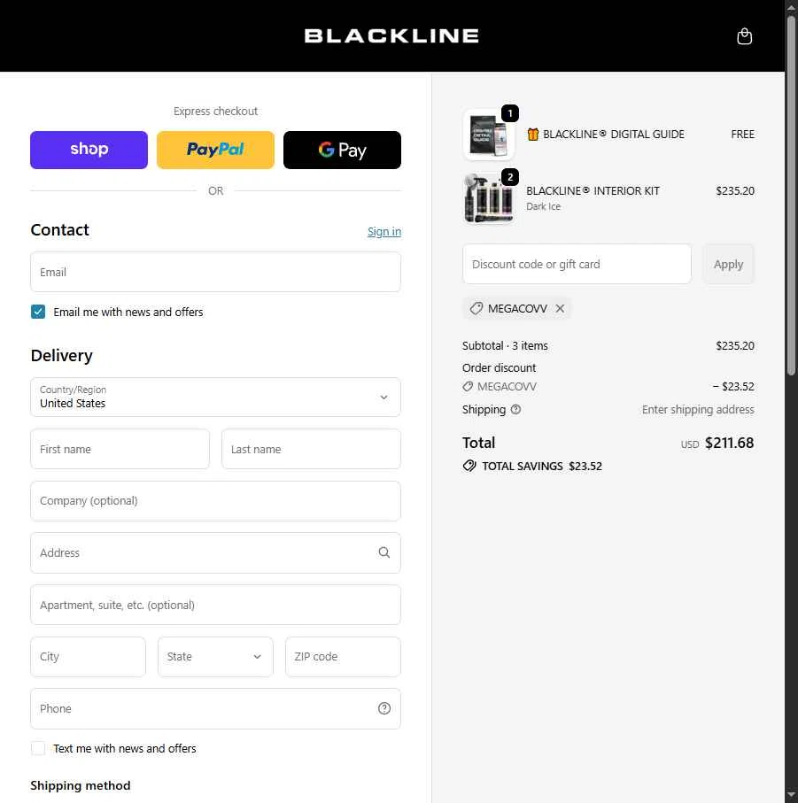 Blackline Car Care checkout page showing Blackline Car Care discount code box | Screenshot taken by SimplyCodes community member on Feb 13, 2026