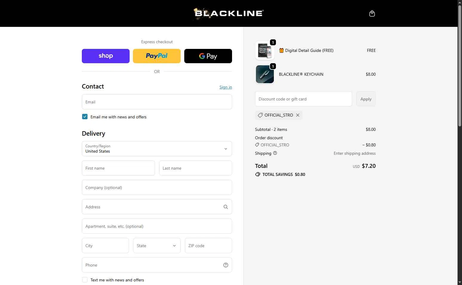 Blackline Car Care checkout page showing Blackline Car Care discount code box | Screenshot taken by SimplyCodes community member on Feb 3, 2026