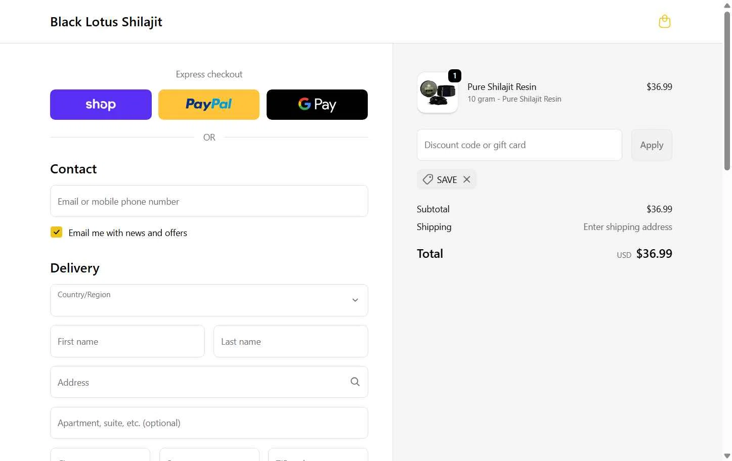 Black Lotus Shilajit checkout page showing Black Lotus Shilajit discount code box | Screenshot taken by SimplyCodes community member on Feb 2, 2026