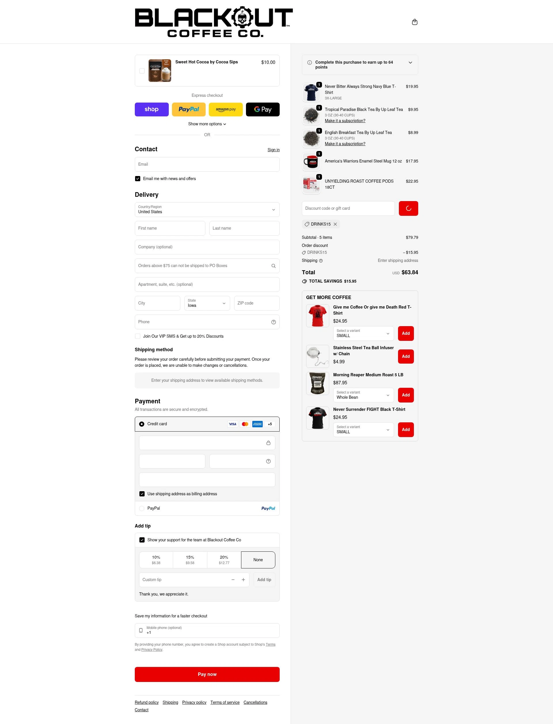 Blackout Coffee Co. checkout page showing Blackout Coffee Co. promo code box | Screenshot taken by SimplyCodes community member on Feb 6, 2026