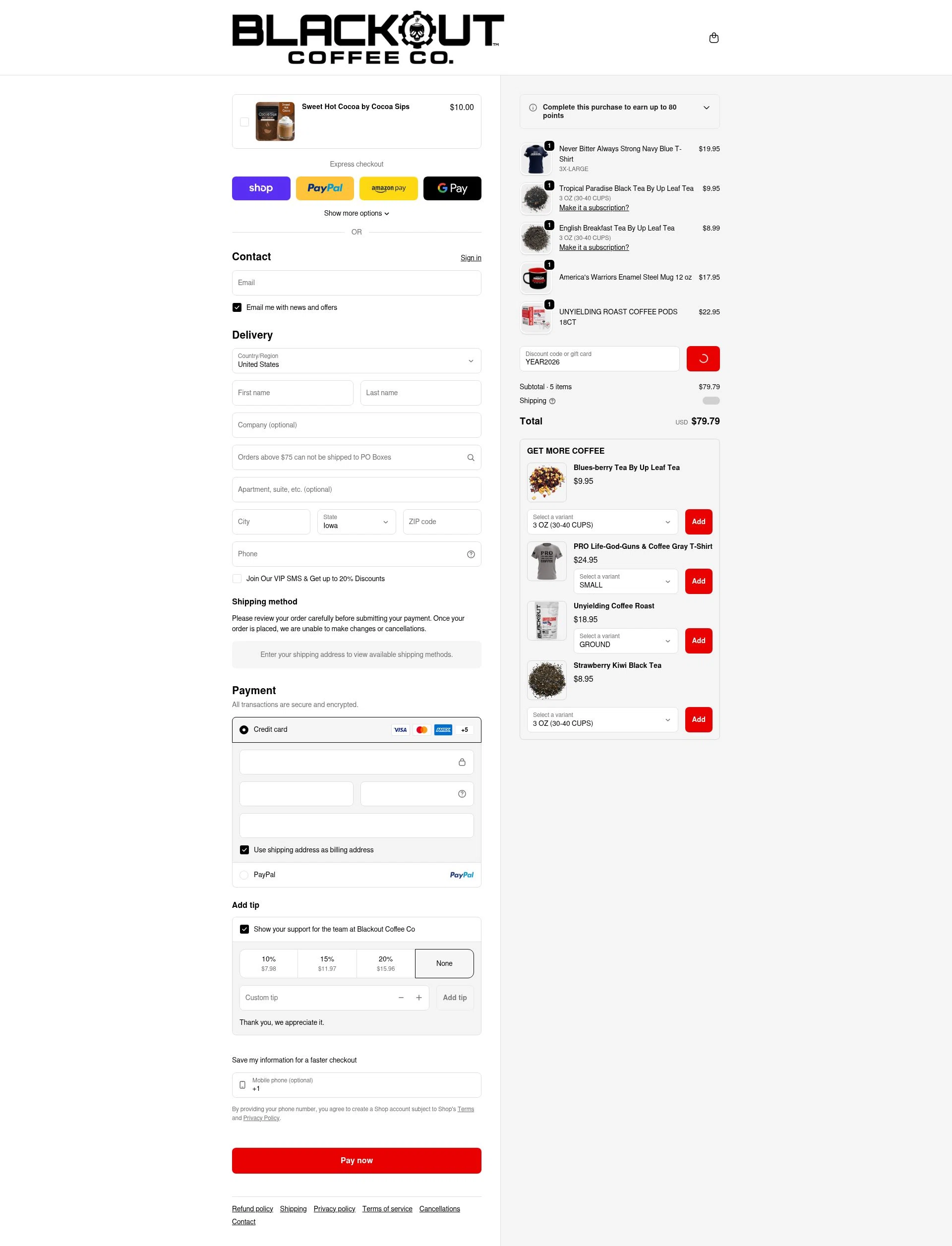 Blackout Coffee Co. checkout page showing Blackout Coffee Co. promo code box | Screenshot taken by SimplyCodes community member on Feb 6, 2026