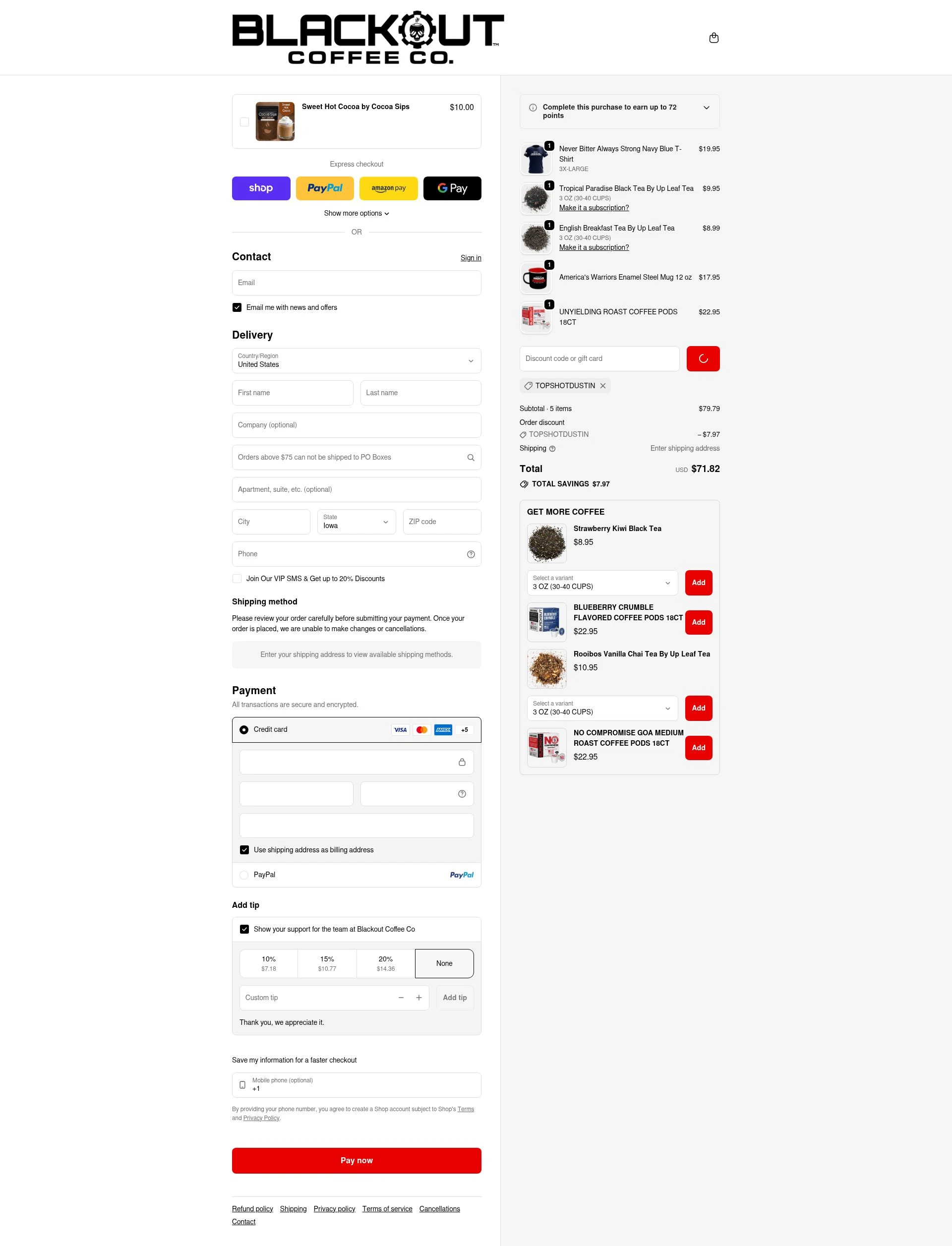 Blackout Coffee Co. checkout page showing Blackout Coffee Co. promo code box | Screenshot taken by SimplyCodes community member on Feb 6, 2026