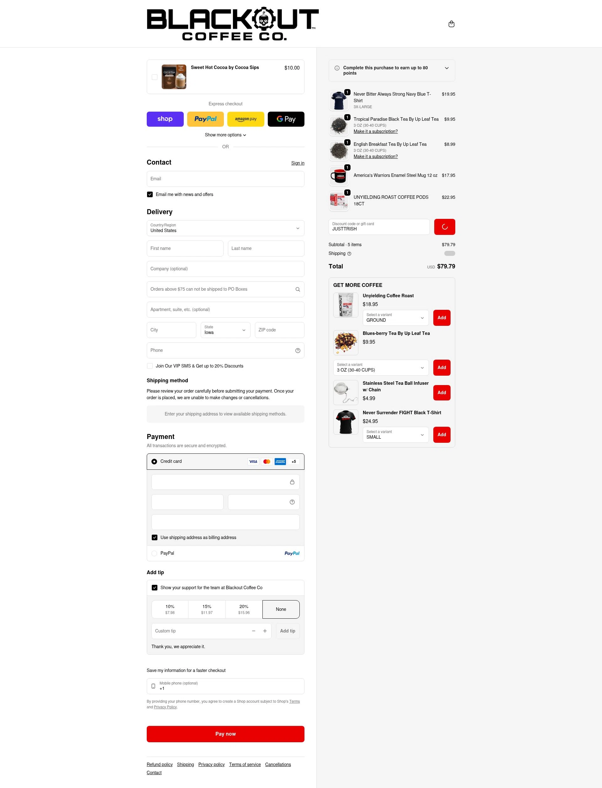 Blackout Coffee Co. checkout page showing Blackout Coffee Co. promo code box | Screenshot taken by SimplyCodes community member on Feb 6, 2026