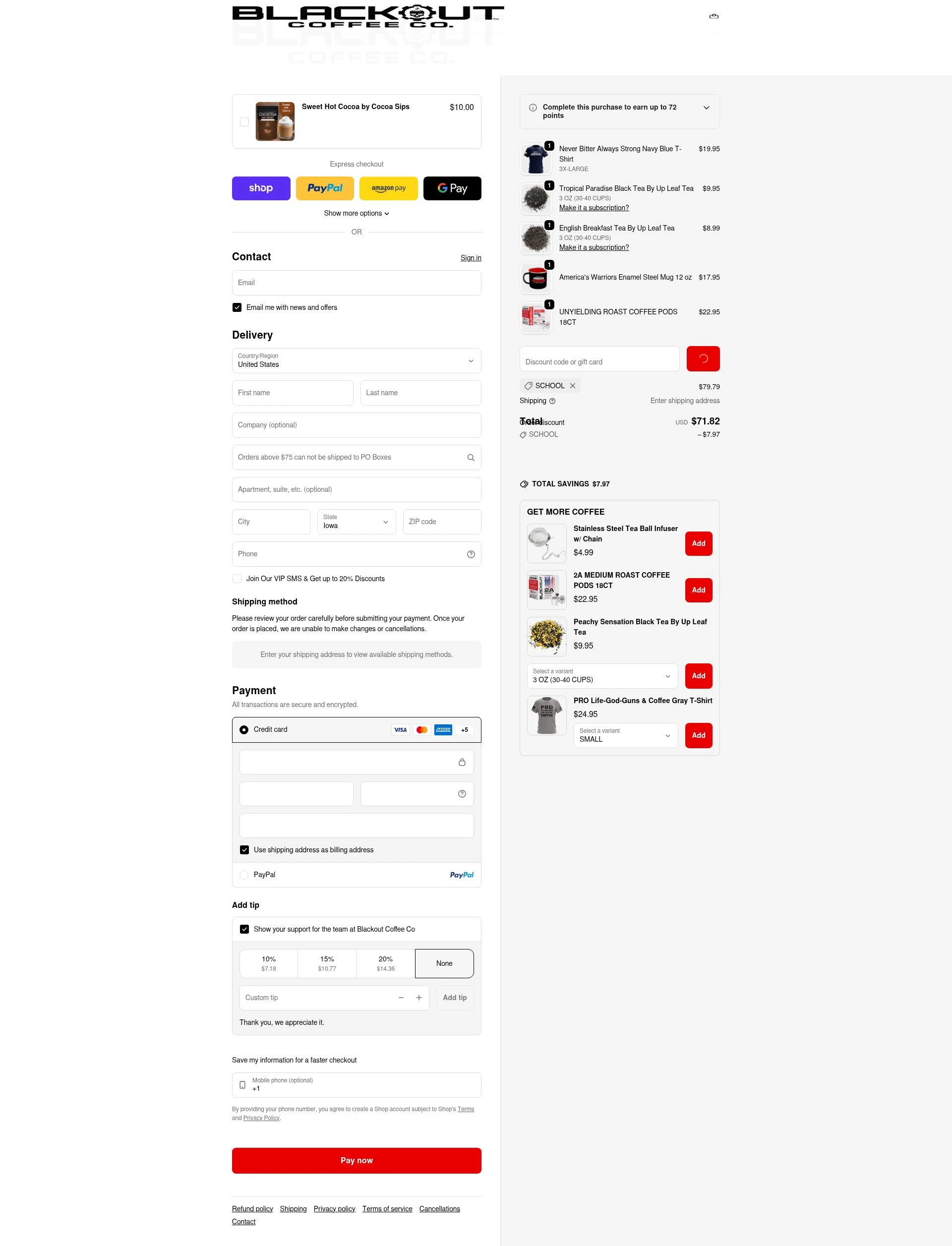 Blackout Coffee Co. checkout page showing Blackout Coffee Co. promo code box | Screenshot taken by SimplyCodes community member on Feb 6, 2026