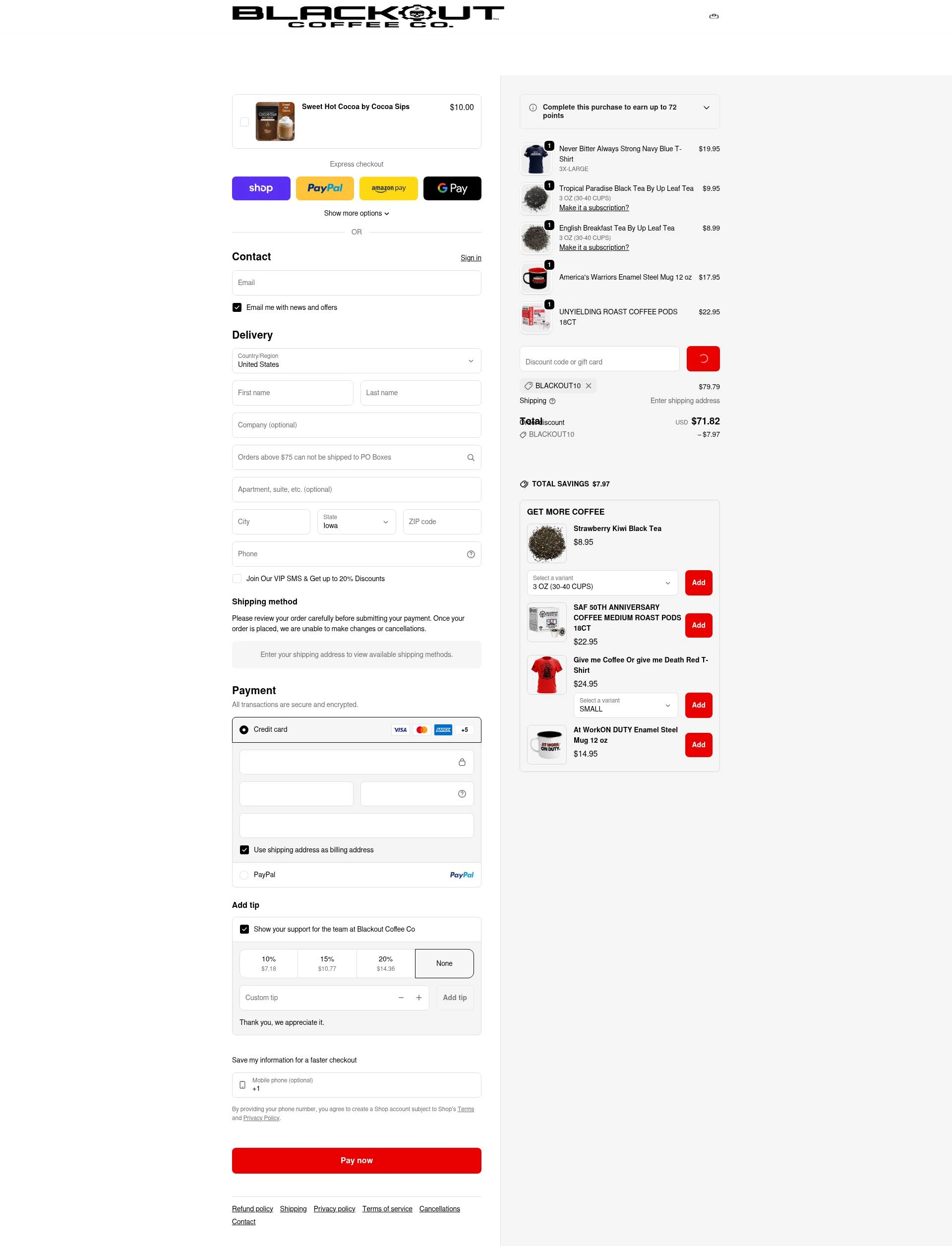 Blackout Coffee Co. checkout page showing Blackout Coffee Co. promo code box | Screenshot taken by SimplyCodes community member on Feb 6, 2026