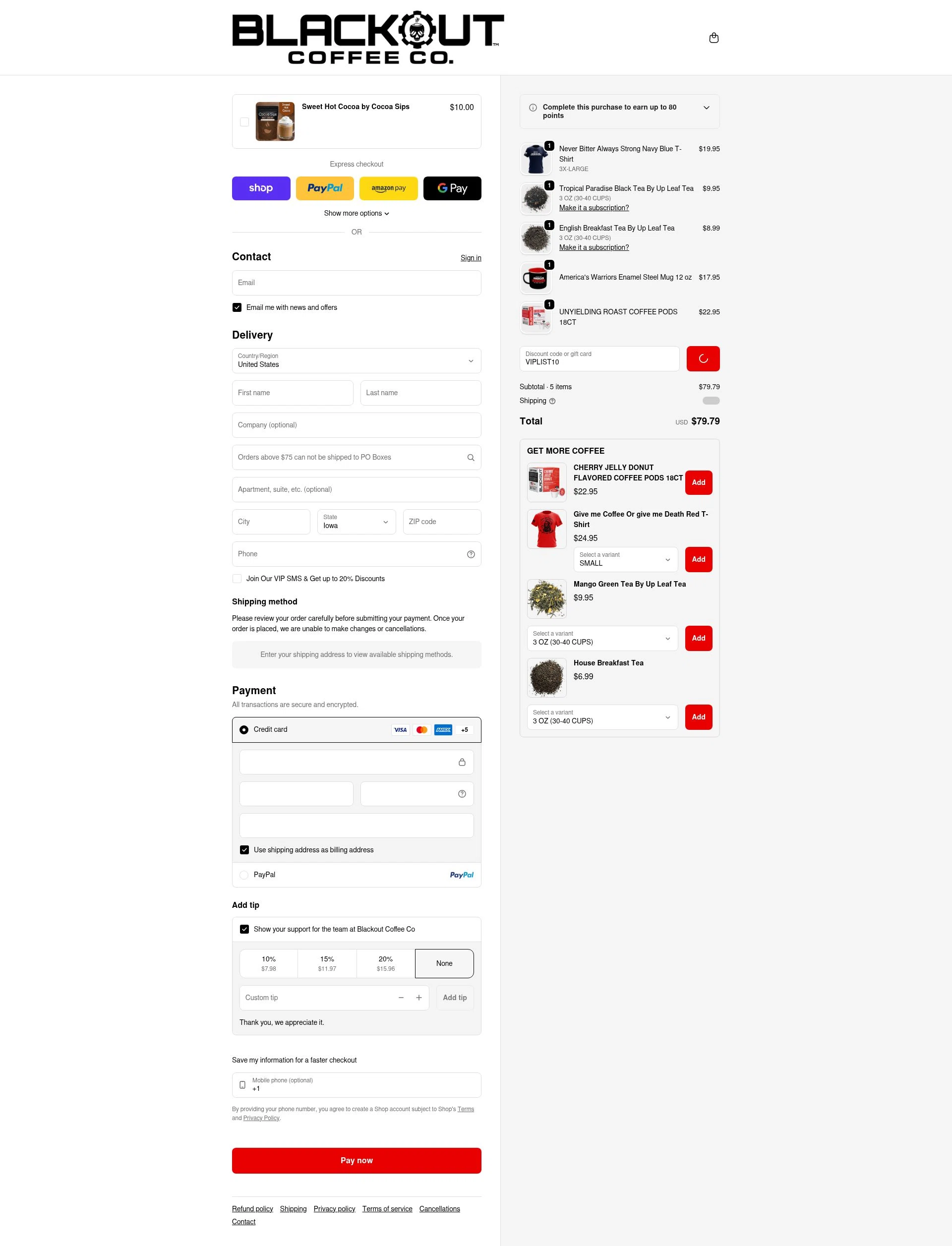 Blackout Coffee Co. checkout page showing Blackout Coffee Co. promo code box | Screenshot taken by SimplyCodes community member on Feb 6, 2026