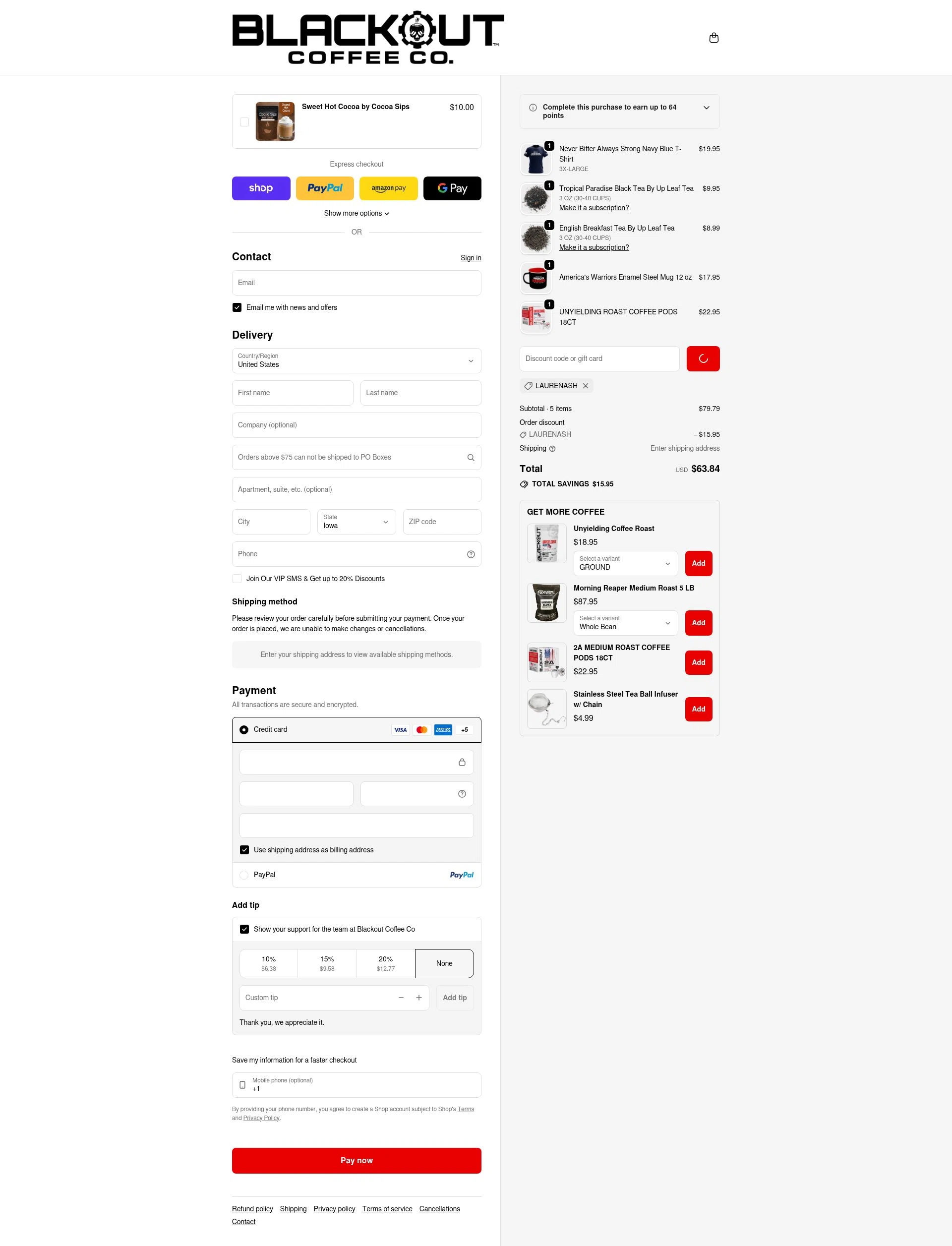 Blackout Coffee Co. checkout page showing Blackout Coffee Co. promo code box | Screenshot taken by SimplyCodes community member on Feb 6, 2026
