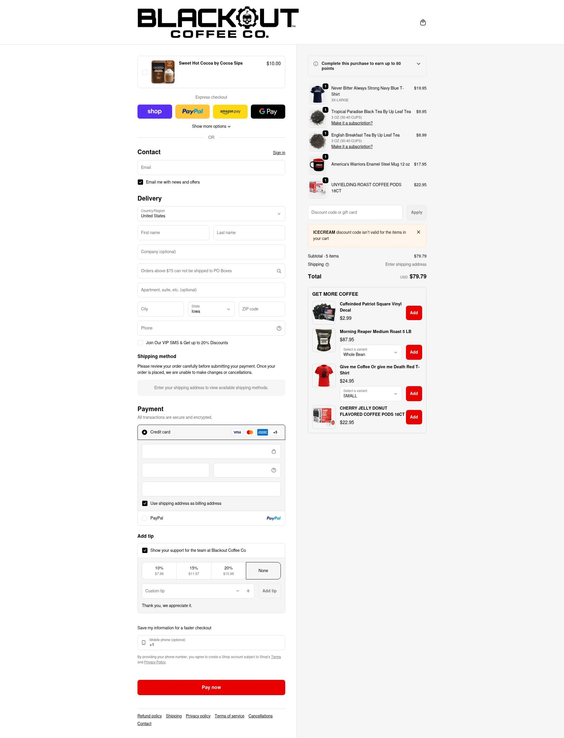 Blackout Coffee Co. checkout page showing Blackout Coffee Co. promo code box | Screenshot taken by SimplyCodes community member on Feb 6, 2026