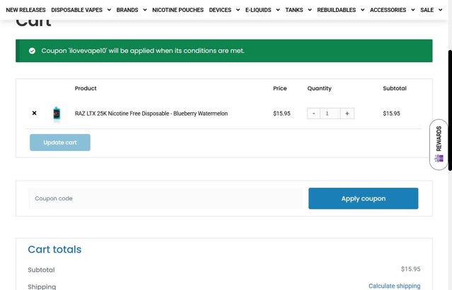 Blackout Vapors checkout page showing Blackout Vapors coupon code box | Screenshot taken by SimplyCodes community member on May 26, 2025