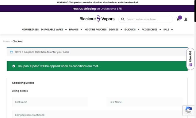 Blackout Vapors checkout page showing Blackout Vapors coupon code box | Screenshot taken by SimplyCodes community member on Jul 27, 2025