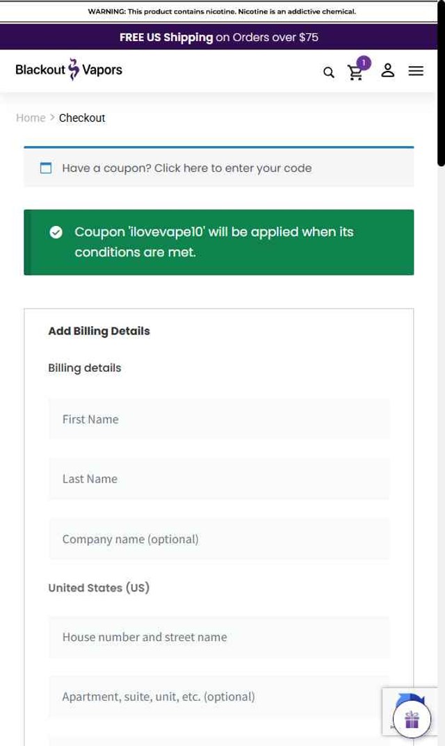 Blackout Vapors checkout page showing Blackout Vapors coupon code box | Screenshot taken by SimplyCodes community member on Jun 12, 2025