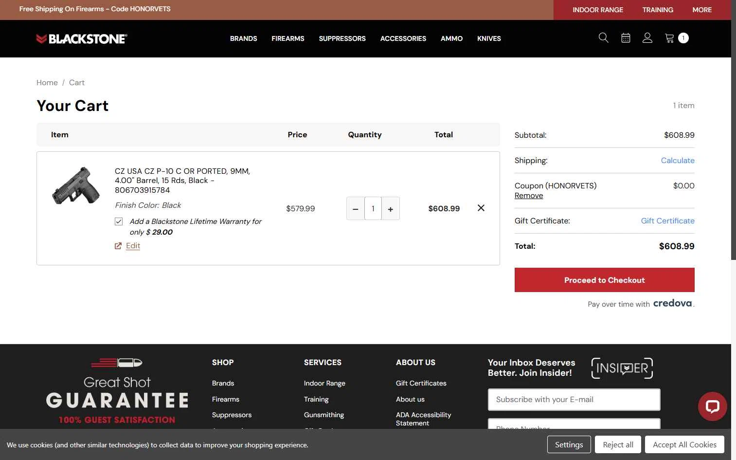 Blackstone Shooting checkout page showing Blackstone Shooting promo code box | Screenshot taken by SimplyCodes community member on Nov 10, 2025