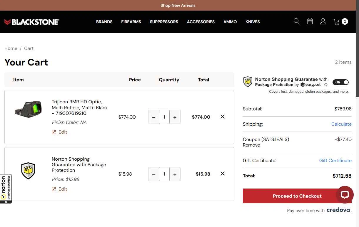Blackstone Shooting checkout page showing Blackstone Shooting promo code box | Screenshot taken by SimplyCodes community member on Dec 13, 2025