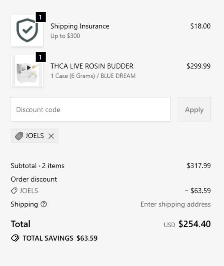 Black Tie CBD promo code screenshot showing code JOELS applied at Black Tie CBD checkout page. Uploaded by SimplyCodes community member ShieldTitan1643 on Jun 23, 2026