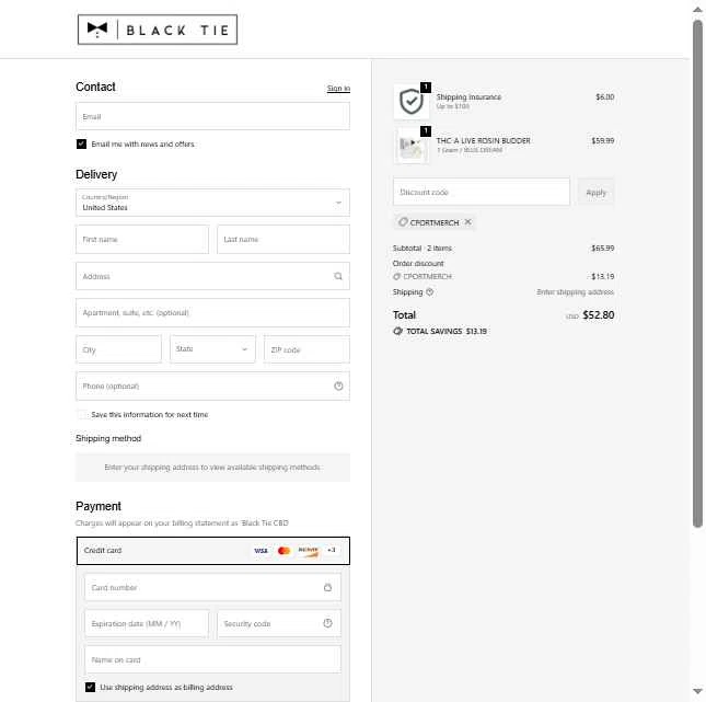 Black Tie CBD checkout page showing Black Tie CBD discount code box | Screenshot taken by SimplyCodes community member on Jan 31, 2026