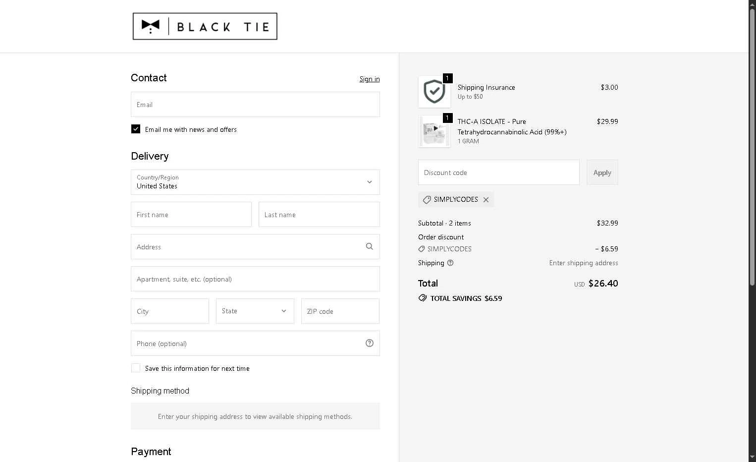 Black Tie CBD checkout page showing Black Tie CBD discount code box | Screenshot taken by SimplyCodes community member on Feb 6, 2026