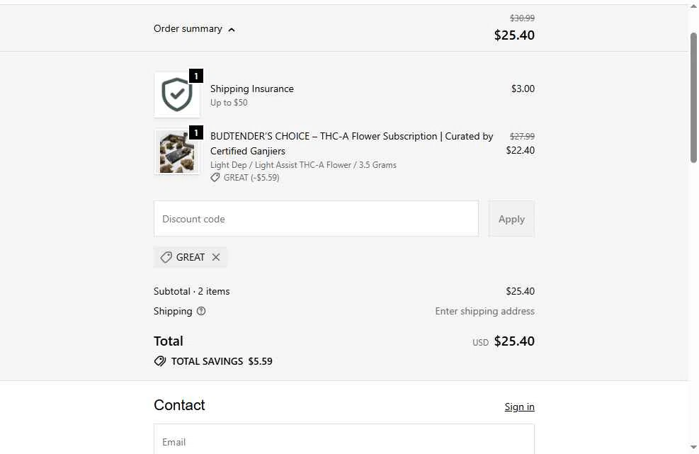 Black Tie CBD checkout page showing Black Tie CBD discount code box | Screenshot taken by SimplyCodes community member on Jan 31, 2026