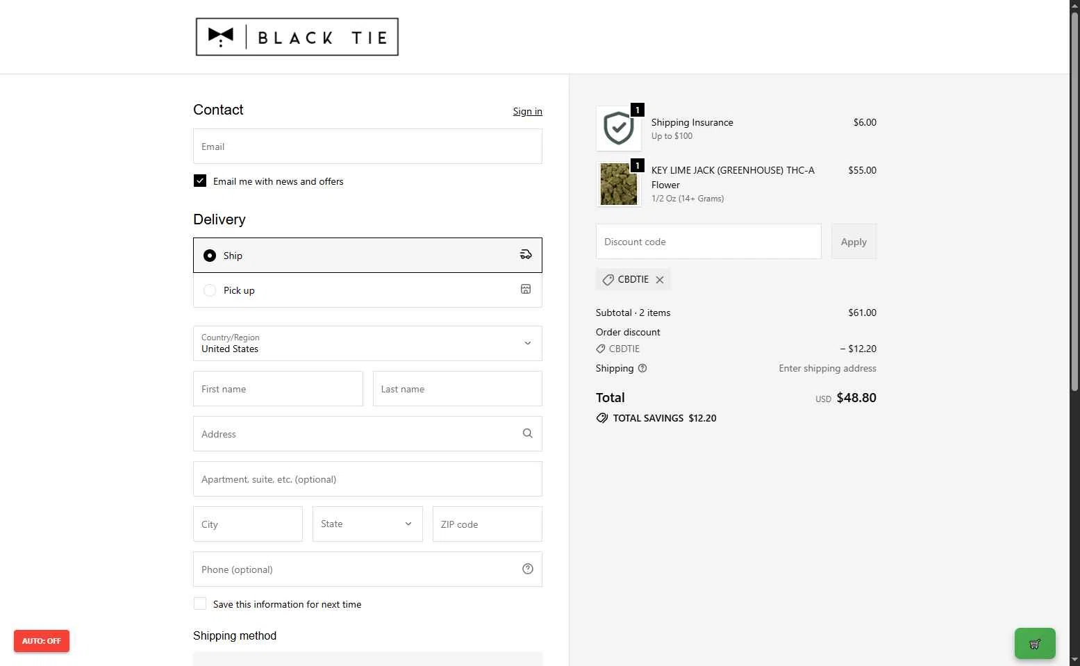 Black Tie CBD checkout page showing Black Tie CBD discount code box | Screenshot taken by SimplyCodes community member on Jan 27, 2026