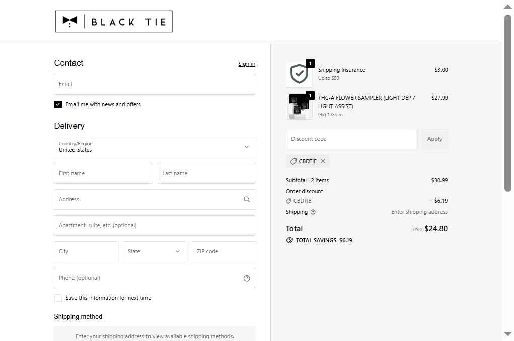 Black Tie CBD checkout page showing Black Tie CBD discount code box | Screenshot taken by SimplyCodes community member on Feb 4, 2026