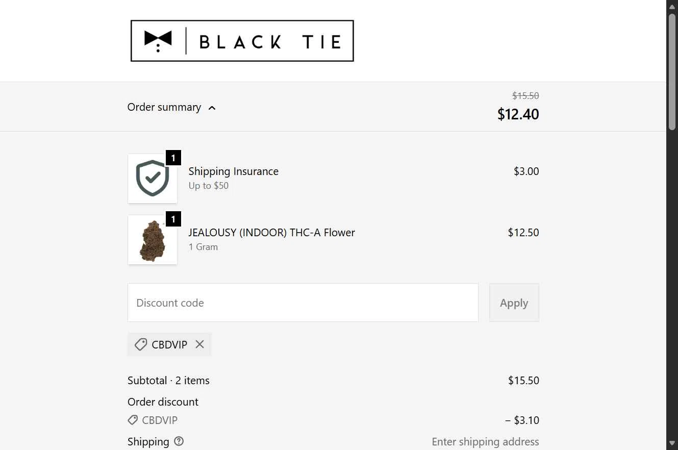 Black Tie CBD checkout page showing Black Tie CBD discount code box | Screenshot taken by SimplyCodes community member on Jan 31, 2026