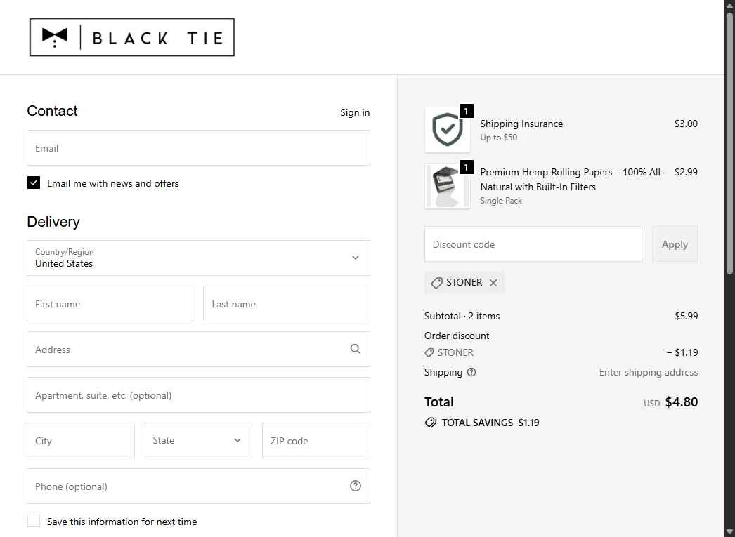 Black Tie CBD checkout page showing Black Tie CBD discount code box | Screenshot taken by SimplyCodes community member on Feb 12, 2026