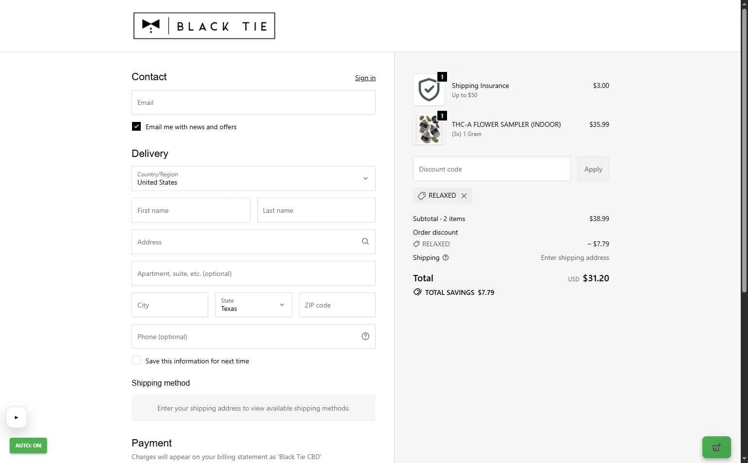 Black Tie CBD checkout page showing Black Tie CBD discount code box | Screenshot taken by SimplyCodes community member on Feb 6, 2026