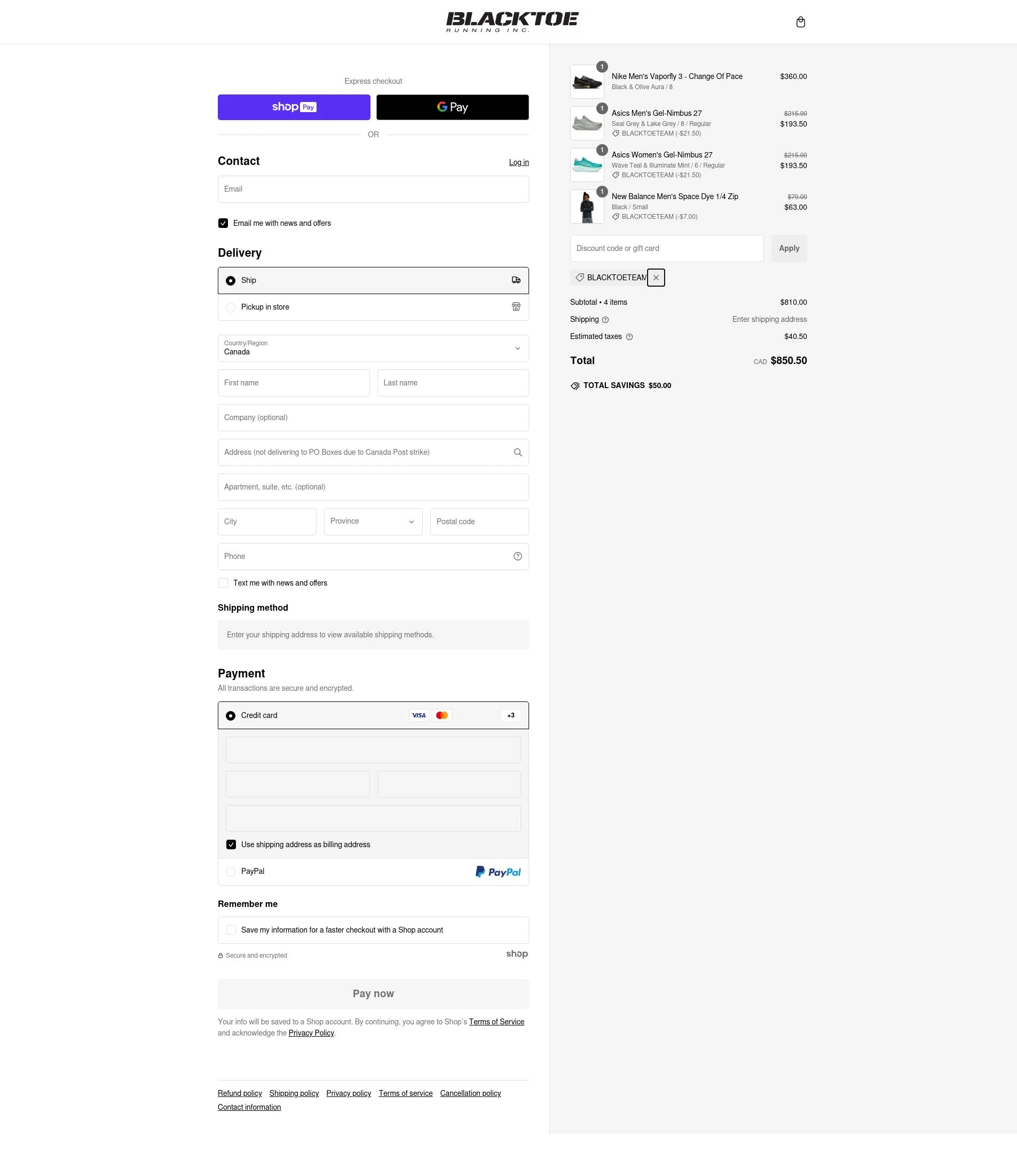 BlackToe Running checkout page showing BlackToe Running discount code box | Screenshot taken by SimplyCodes community member on Jan 27, 2025