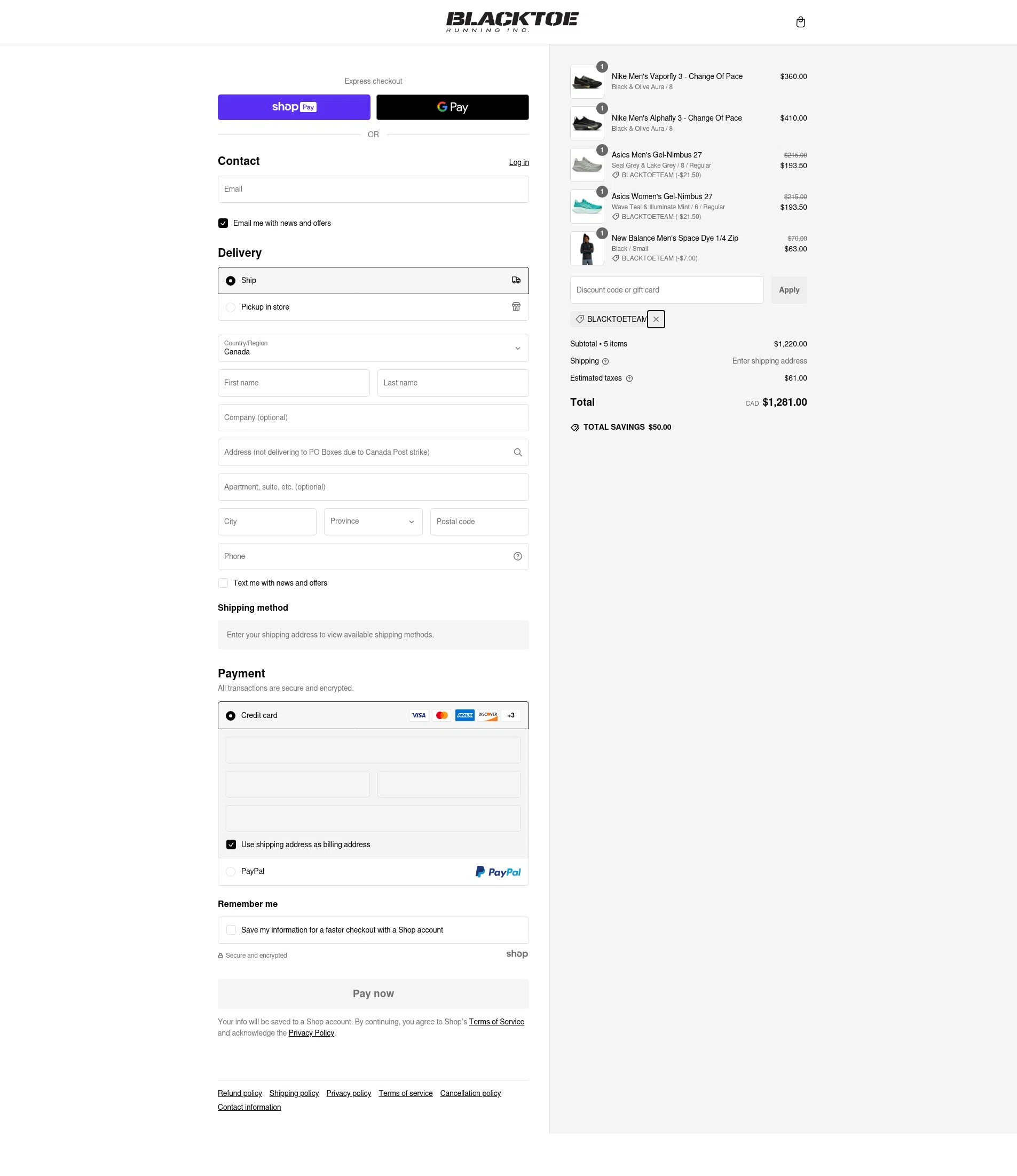 BlackToe Running checkout page showing BlackToe Running discount code box | Screenshot taken by SimplyCodes community member on Jan 26, 2025