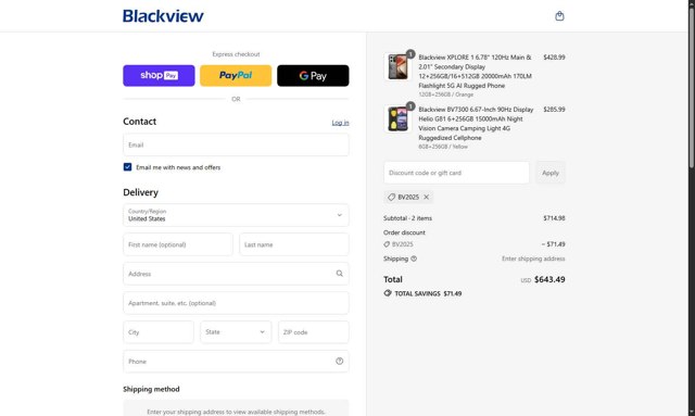 Blackview checkout page showing Blackview promo code box | Screenshot taken by SimplyCodes community member on Aug 26, 2025