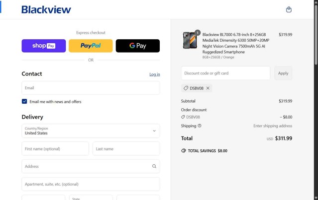 Blackview checkout page showing Blackview promo code box | Screenshot taken by SimplyCodes community member on Jun 28, 2025