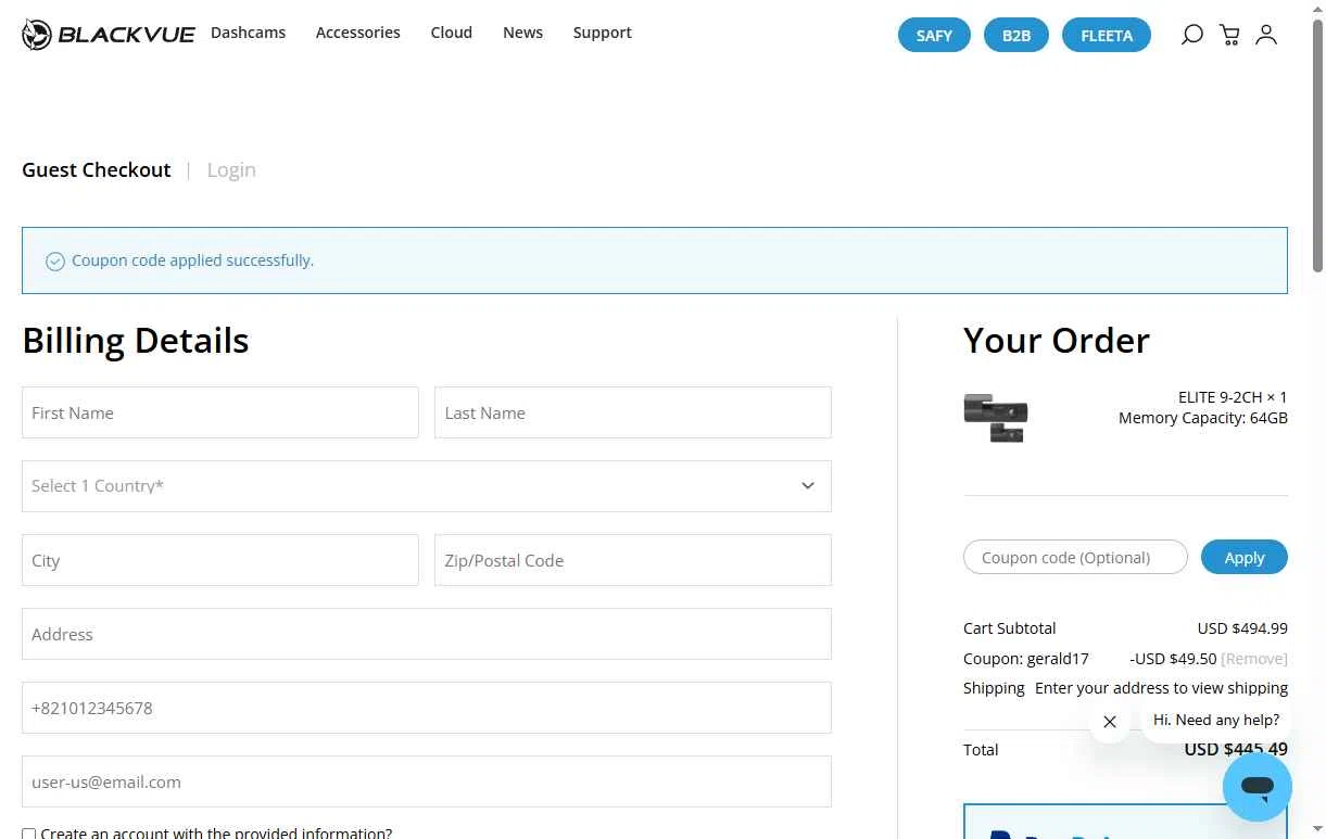 BlackVue checkout page showing BlackVue coupon code box | Screenshot taken by SimplyCodes community member on Feb 11, 2026