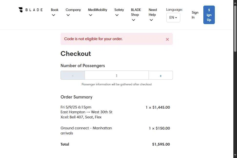 Blade checkout page showing Blade promo code box | Screenshot taken by SimplyCodes community member on May 9, 2025