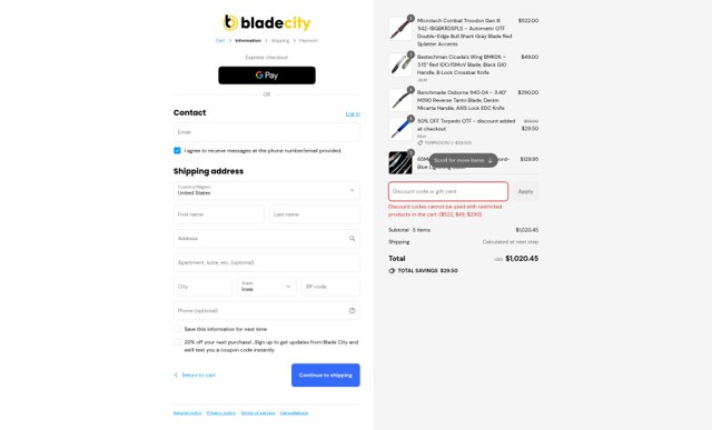 Blade City checkout page showing Blade City promo code box | Screenshot taken by SimplyCodes community member on Sep 4, 2025