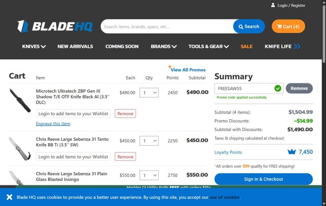 Blade HQ checkout page showing Blade HQ promo code box | Screenshot taken by SimplyCodes community member on Jul 31, 2025