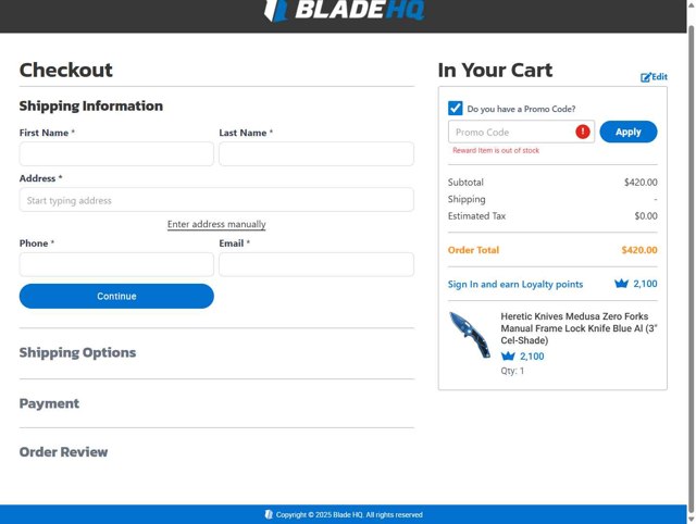Blade HQ checkout page showing Blade HQ promo code box | Screenshot taken by SimplyCodes community member on Sep 2, 2025