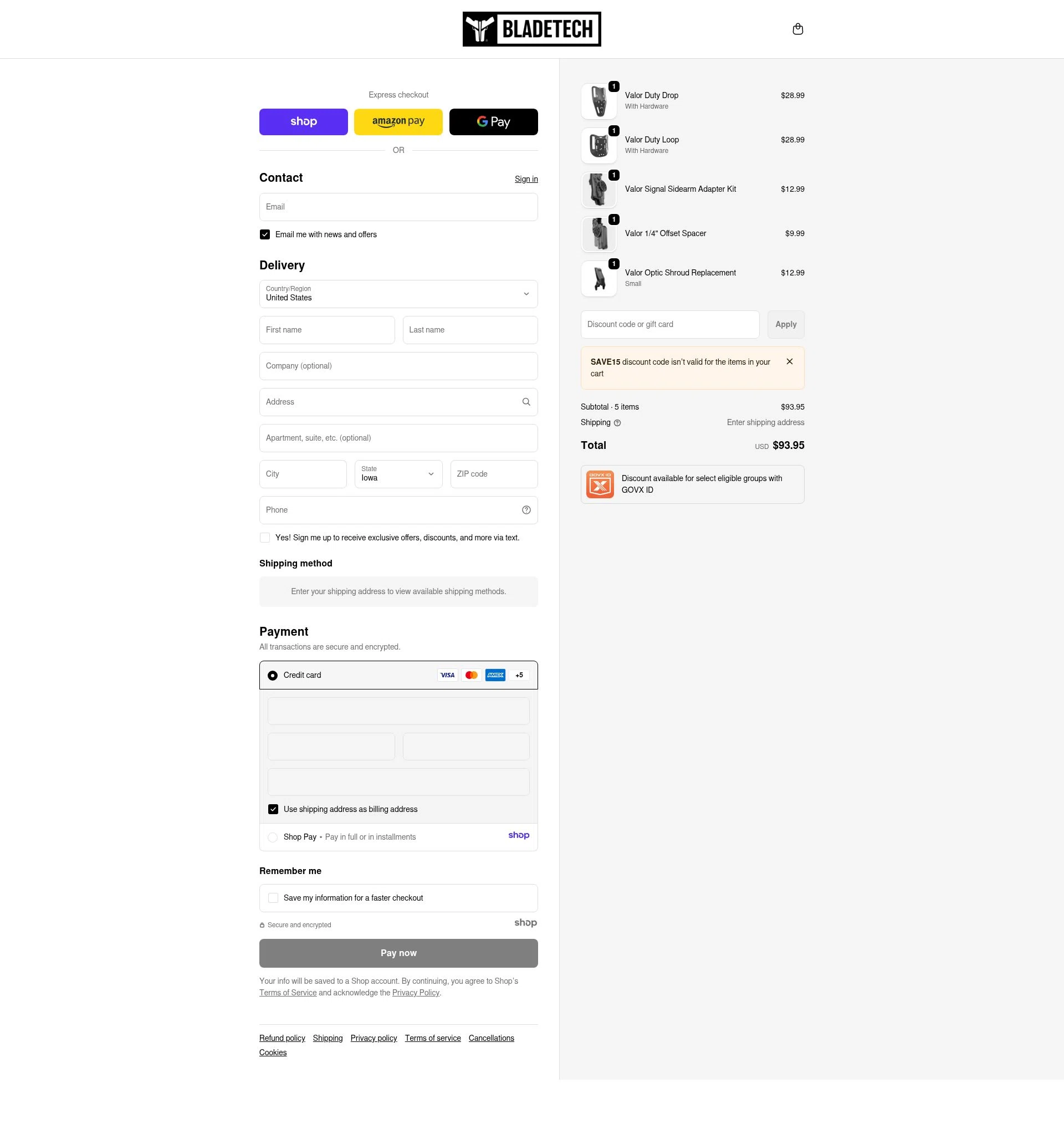 Blade-Tech checkout page showing Blade-Tech discount code box | Screenshot taken by SimplyCodes community member on Jan 8, 2026