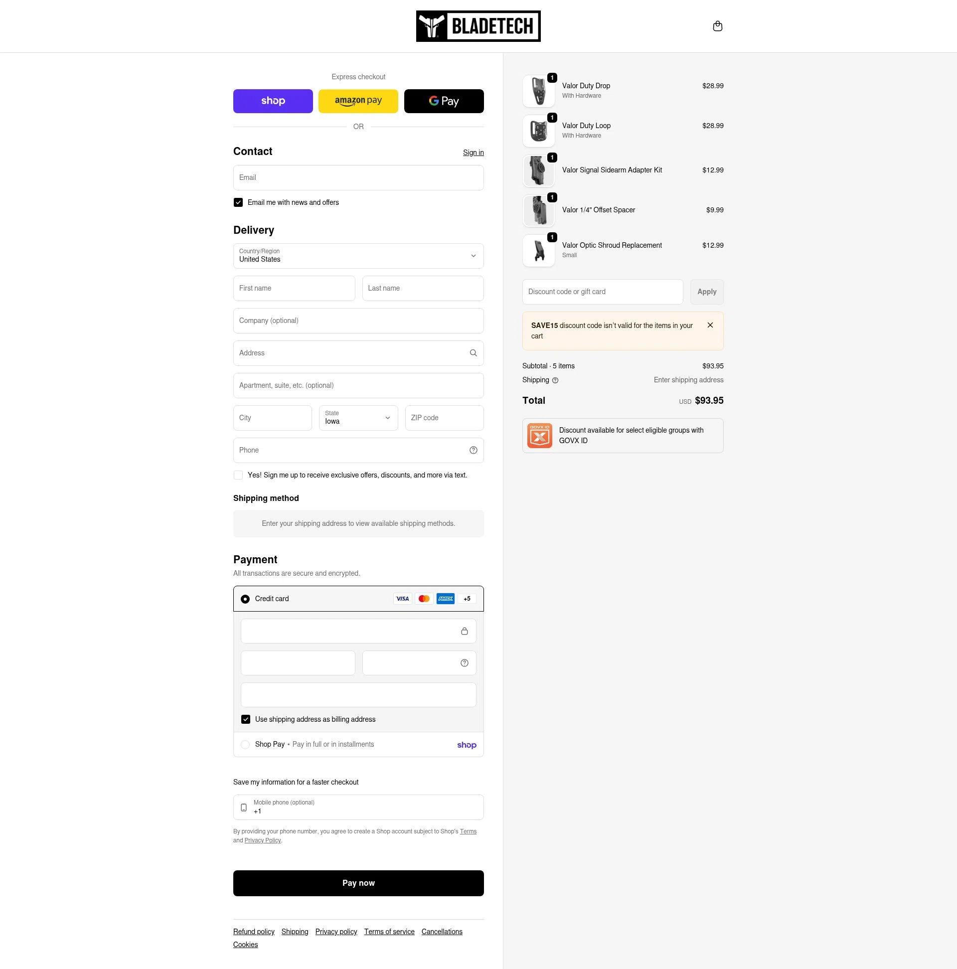 Blade-Tech checkout page showing Blade-Tech discount code box | Screenshot taken by SimplyCodes community member on Feb 5, 2026