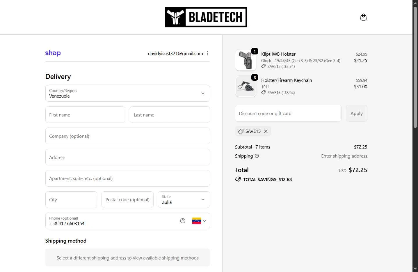 Blade-Tech checkout page showing Blade-Tech discount code box | Screenshot taken by SimplyCodes community member on Dec 29, 2025