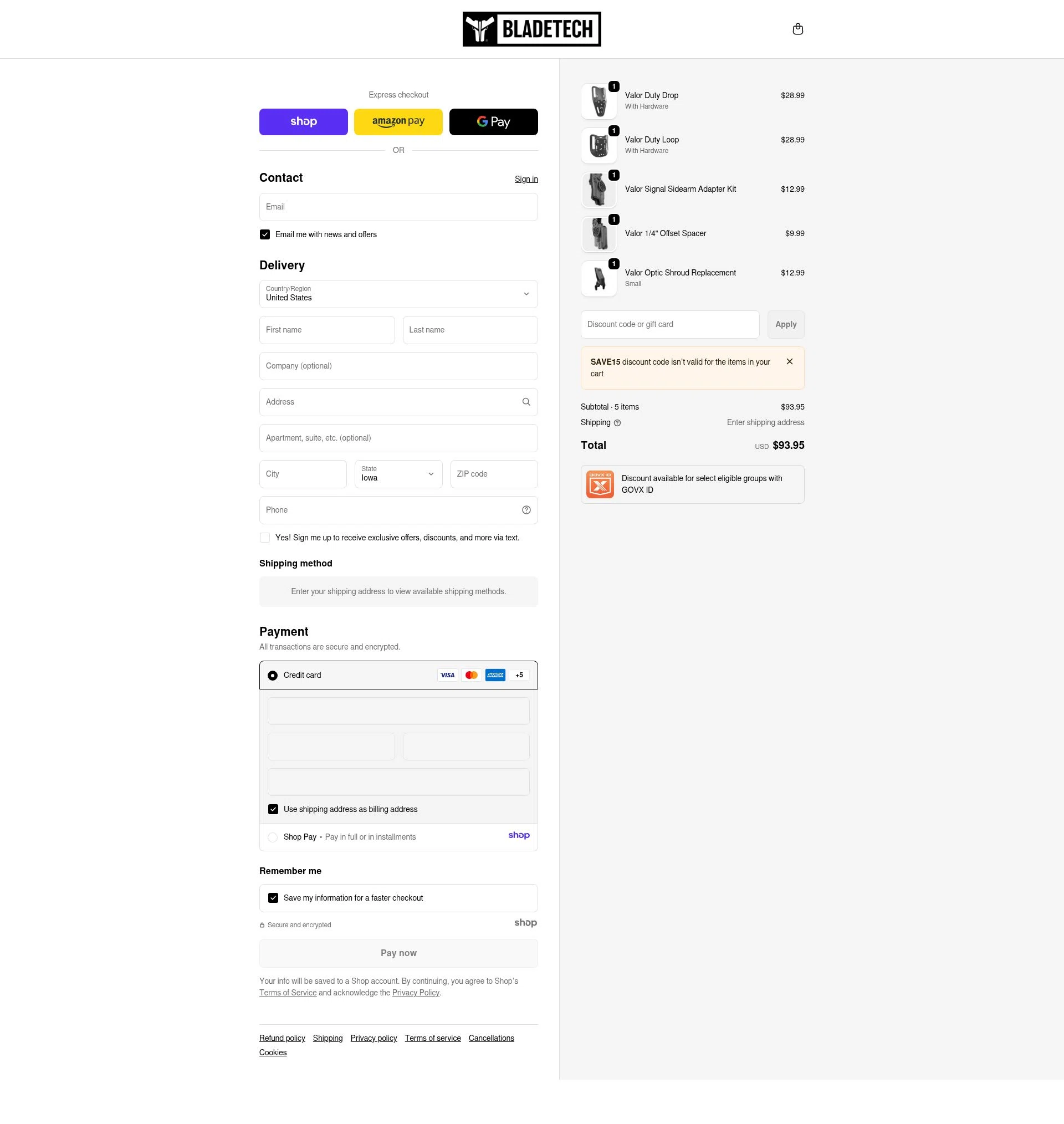 Blade-Tech checkout page showing Blade-Tech discount code box | Screenshot taken by SimplyCodes community member on Jan 18, 2026