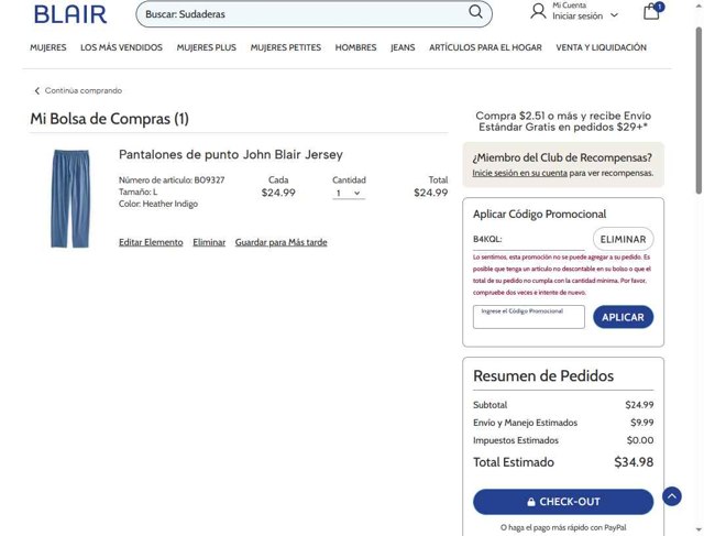 Blair checkout page showing Blair promo code box | Screenshot taken by SimplyCodes community member on Apr 27, 2025