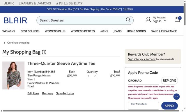 Blair checkout page showing Blair promo code box | Screenshot taken by SimplyCodes community member on Apr 27, 2025