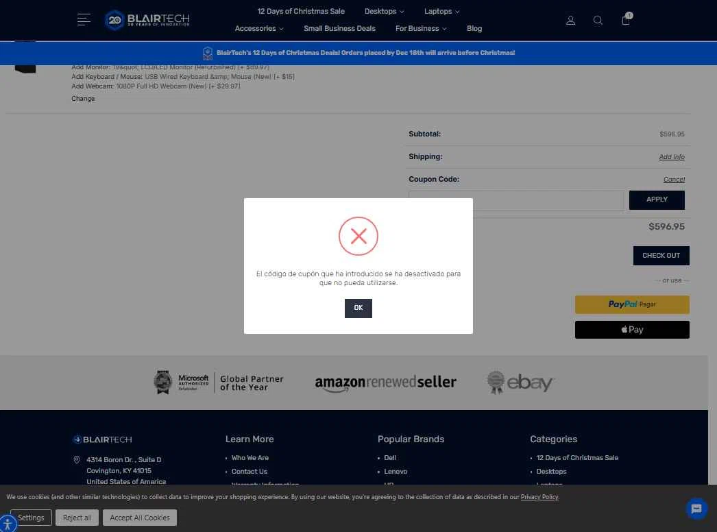 BlairTech checkout page showing BlairTech promo code box | Screenshot taken by SimplyCodes community member on Dec 13, 2025