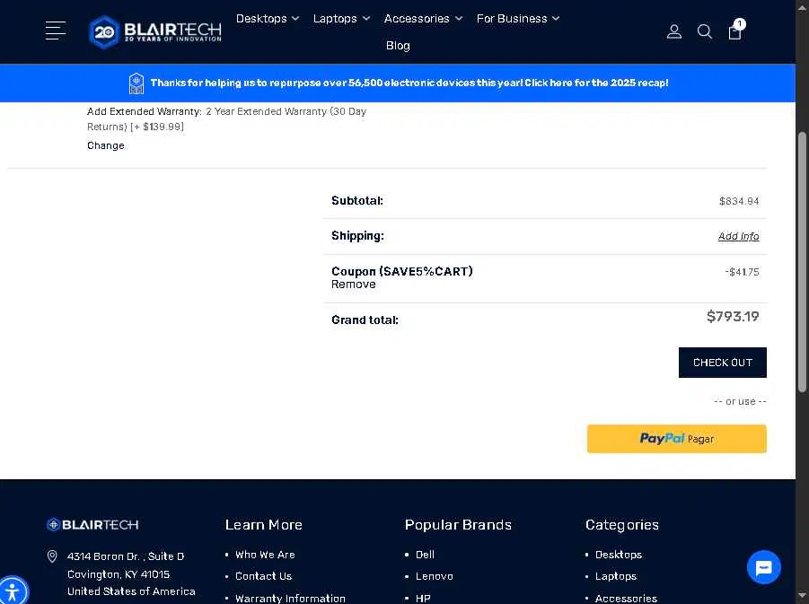 BlairTech checkout page showing BlairTech promo code box | Screenshot taken by SimplyCodes community member on Jan 2, 2026
