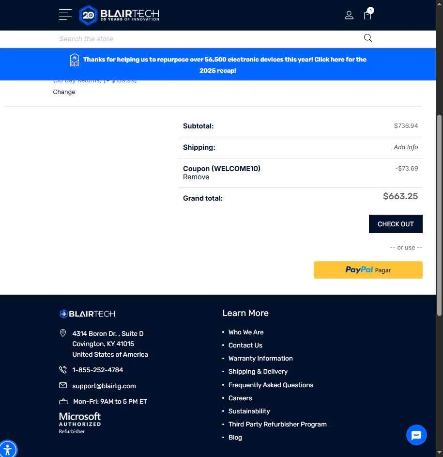 BlairTech checkout page showing BlairTech promo code box | Screenshot taken by SimplyCodes community member on Jan 2, 2026
