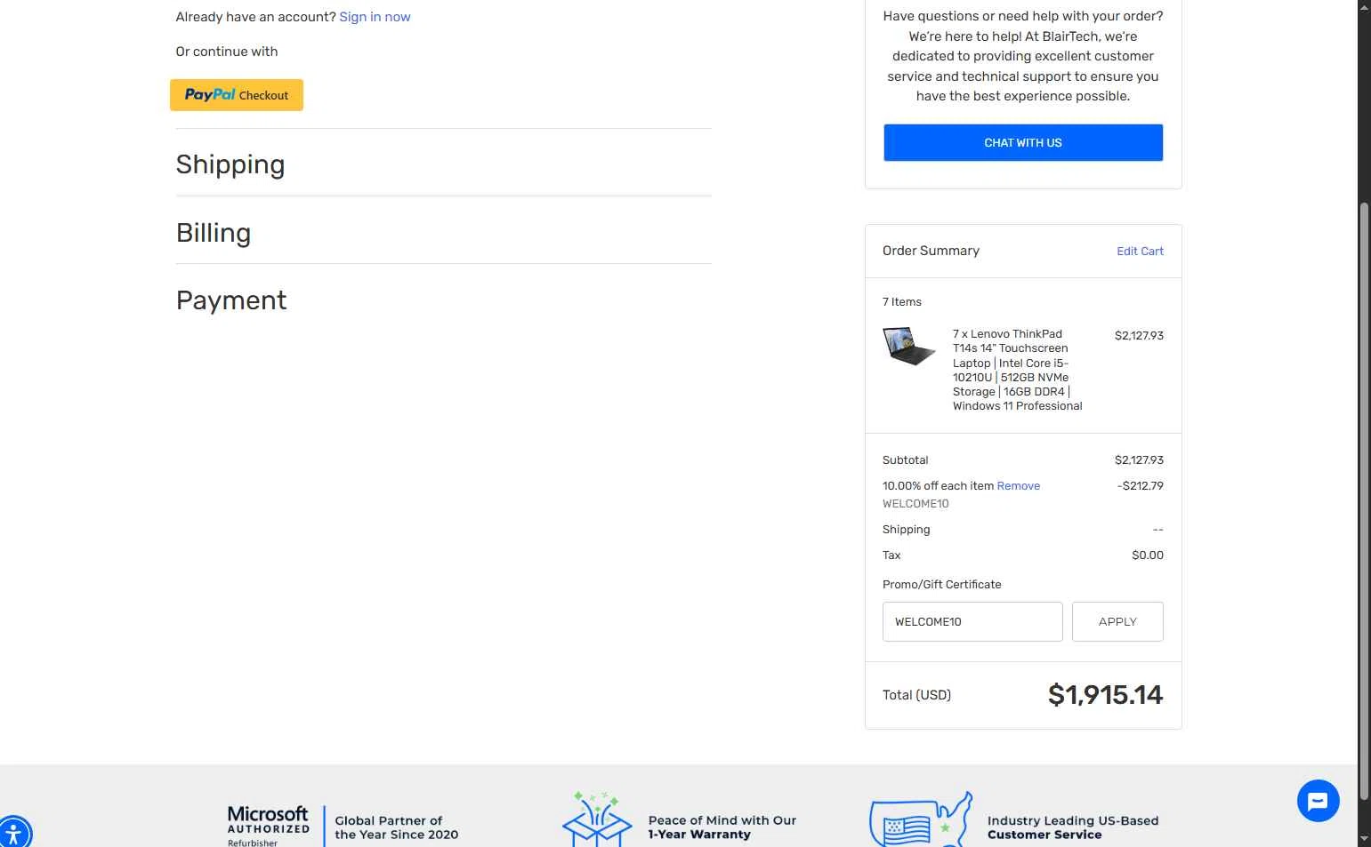 BlairTech checkout page showing BlairTech promo code box | Screenshot taken by SimplyCodes community member on Sep 16, 2025